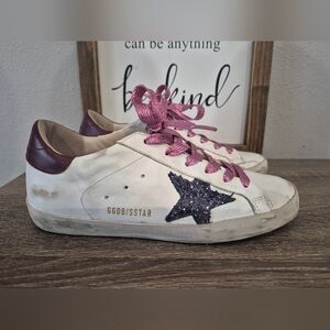 Golden Goose White Sneakers with Purple Star and Pink Laces